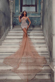 Sexy Long Tulle Mermaid Sequined Long Sleeves Prom Dress With Train
