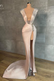 Sexy Long V-neck Split Front Mermaid Prom Dress With Rhinestones