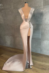 Sexy Long V-neck Split Front Mermaid Prom Dress With Rhinestones-misshow.com