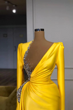 Sexy Long Yellow V-neck Sequined Split Prom Dress With Long Sleeves-misshow.com