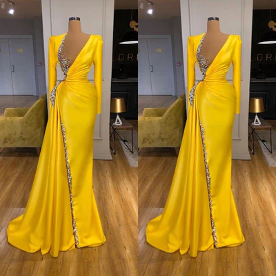 Sexy Long Yellow V-neck Sequined Split Prom Dress With Long Sleeves-misshow.com
