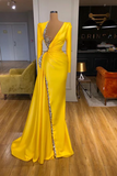 Sexy Long Yellow V-neck Sequined Split Prom Dress With Long Sleeves-misshow.com