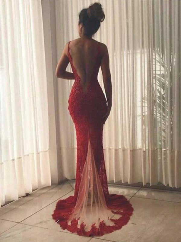 Sexy Mermaid Lace Open Back V Neck Side Split Long Prom Dresses