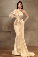 Sexy Mermaid One-Shoulder Charmeuse Prom Evening Dresses with Beadings-misshow.com