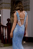Sexy Mermaid Sleeveless Blue Floor Length Prom Dress-misshow.com