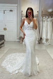 Sexy Mermaid V-neck Spaghetti Straps Lace Sleeveless Wedding Dress-misshow.com