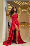 Sexy Off Shoulder Red Satin Evening Dress with Side Split Floor Length Party Dress-misshow.com