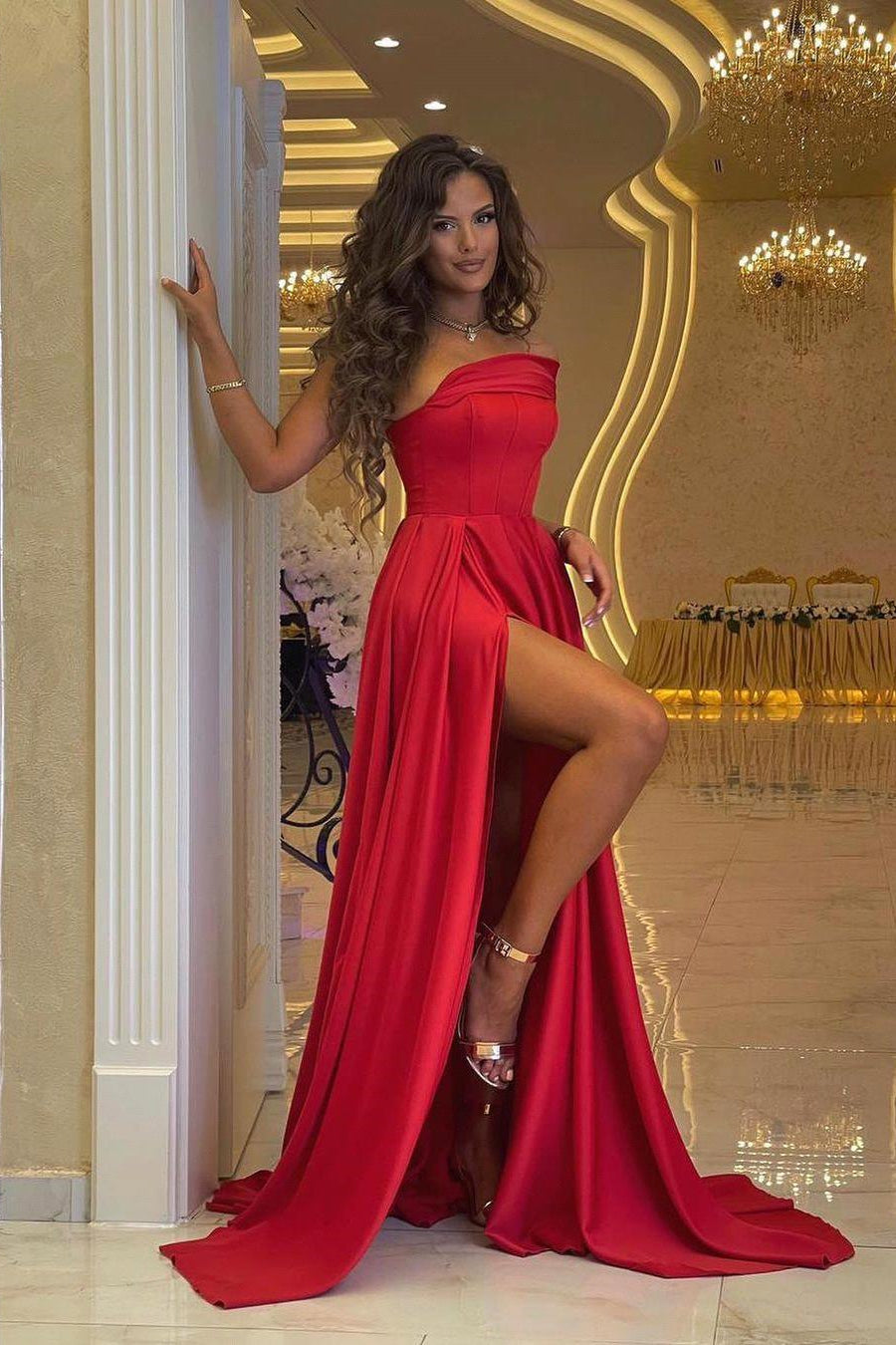 Bethany Maxi Dress - Cherry Red Semi Formal Cocktail Silk Padded Satin –  Runway Goddess