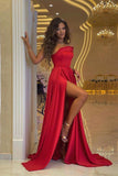 Sexy Off Shoulder Red Satin Evening Dress with Side Split Floor Length Party Dress-misshow.com