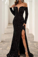 Sexy Off The Shoulder Black Sequined Front-Split Prom Evening Dresses With Long Sleeves-misshow.com