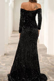 Sexy Off The Shoulder Black Sequined Front-Split Prom Dresses With Long Sleeves-misshow.com