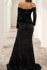 Sexy Off The Shoulder Black Sequined Front-Split Prom Evening Dresses With Long Sleeves-misshow.com