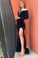 Sexy Off The Shoulder Black Sequined Front-Split Prom Evening Dresses With Long Sleeves-misshow.com