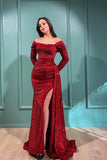 Sexy Off The Shoulder Front-Split Prom Dresses With Long Sleeves-misshow.com
