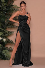 Sexy One Shoulder Slit Long Prom Dress With Satin Side-misshow.com