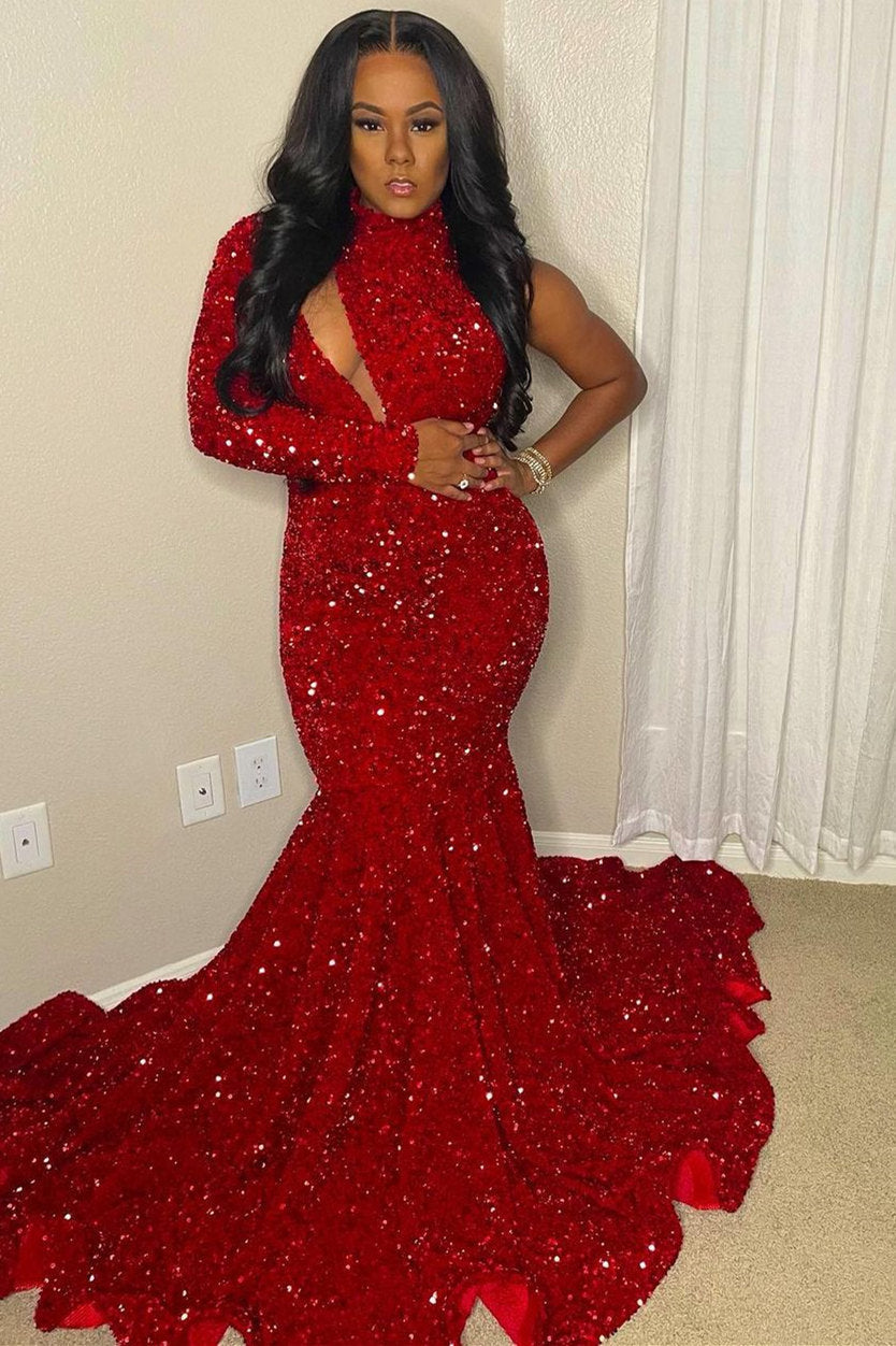 Sexy One-sleeve One-shoulder Floor-Length Prom Evening Dresses-misshow.com