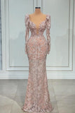 Sexy Pink V-neck Long Sleeves Lace Mermaid Prom Dress Evening Gowns-misshow.com
