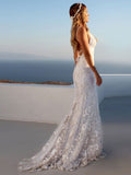 Sexy Pretty Mermaid Elegant Wedding Dresses White V-Neck Backless Lace Bridal Dresses
