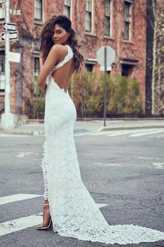 Sexy Pretty Mermaid Jewel Lace Backless with Court Train Beach Elegant Wedding Dresses Sexy Pretty Mermaid Jewel Lace Backless with Court Train Beach Elegant Wedding Dresses