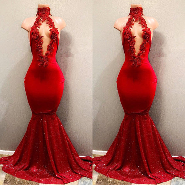 Sexy Red High Neck Mermaid Prom Dress-misshow.com