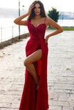 Sexy Red Long Sequined Split Front Mermaid Prom Dress-misshow.com