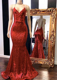 Sexy Red Sequins Spaghetti Straps Mermaid Evening Gowns