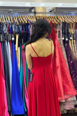 Sexy Red V-Neck Side Split Prom Evening Dresses Spaghetti Straps-misshow.com