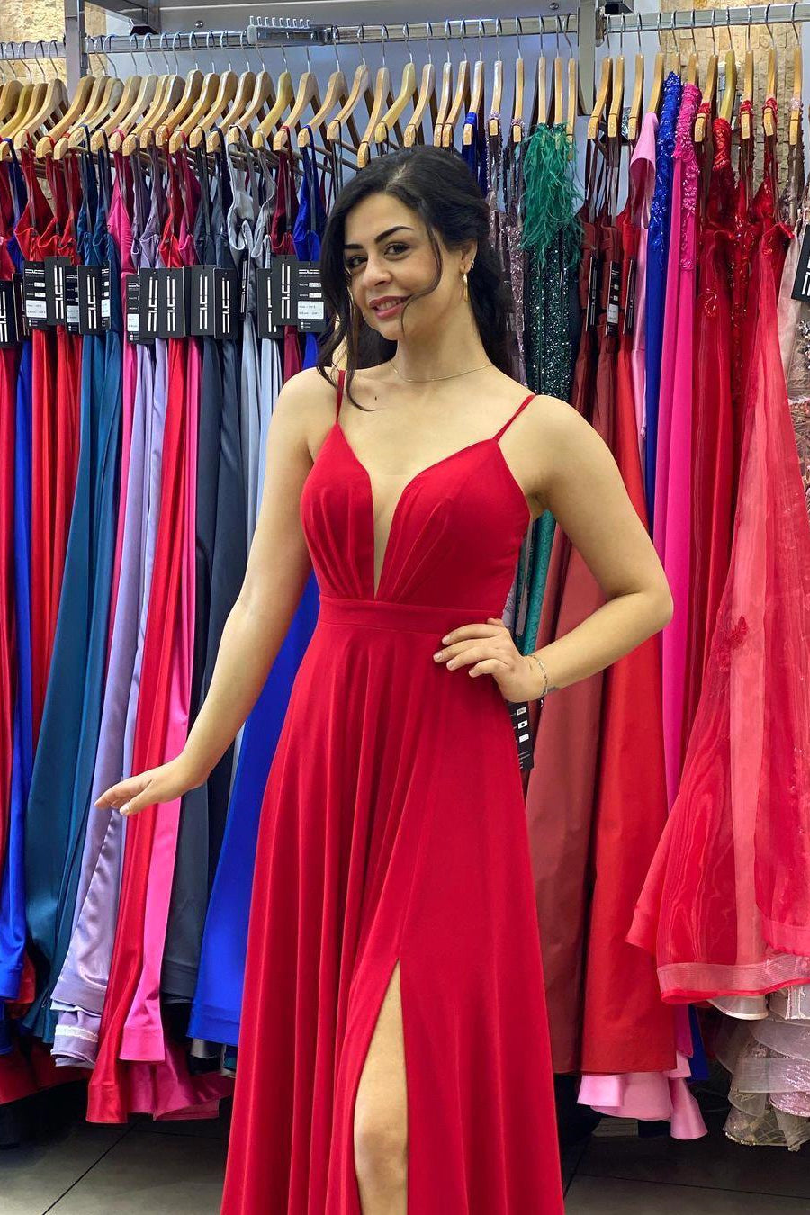 Sexy Red V-Neck Side Split Prom Evening Dresses Spaghetti Straps-misshow.com