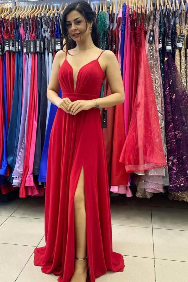 Sexy Red V-Neck Side Split Prom Dress Spaghetti Straps-misshow.com