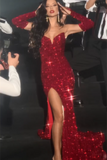 Sexy Red V-neck Sleeveless Sequined Split Front Mermaid Prom Dress-misshow.com