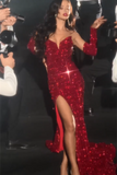 Sexy Red V-neck Sleeveless Sequined Split Front Mermaid Prom Dress-misshow.com