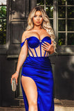 Sexy Royal Blue Off-the-shoulder Satin Split Front Mermaid Prom Dress-misshow.com