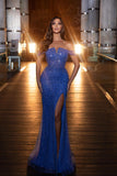 Sexy Royal Blue Off-the-shoulder Sequined Split Front Mermaid Prom Dress-misshow.com