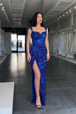 Sexy Royal Blue Sequined Front-Split Prom Dresses-misshow.com