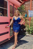 Sexy Royal Blue V-neck Spaghetti Straps Sleeveless Short Homecoming Dresses-misshow.com