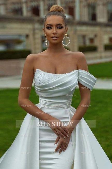 Sexy Satin A-Line Off-The-Shoulder Sleeveless Sequined Wedding Dress with Slit Sexy Satin A-Line Off-The-Shoulder Sleeveless Sequined Wedding Dress with Slit