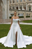 Sexy Satin A-line Off-the-shoulder Sleeveless Sequined Wedding Dress With Slit