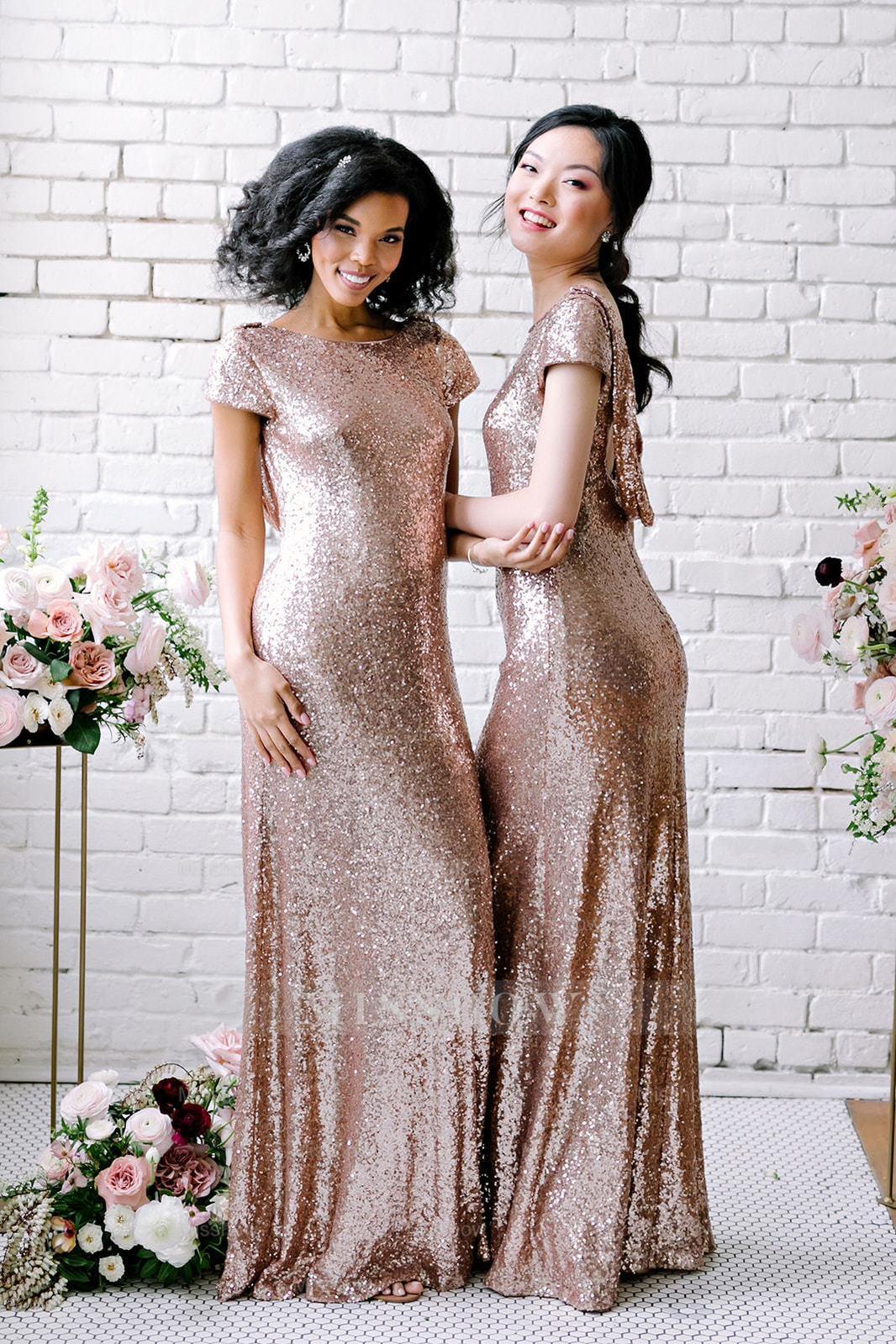 Sexy Sequined Bridesmaid Dresses Rose Gold Long Wedding Guest