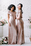 Sexy Sequined Bridesmaid Dresses Rose Gold Long Wedding Guest Dresses-misshow.com
