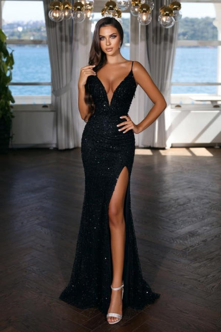 Sexy Sequined V-neck Evening Dress Long Black Prom Dress With Glitter-misshow.com