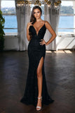 Sexy Sequined V-neck Evening Dress Long Black Prom Dress With Glitter