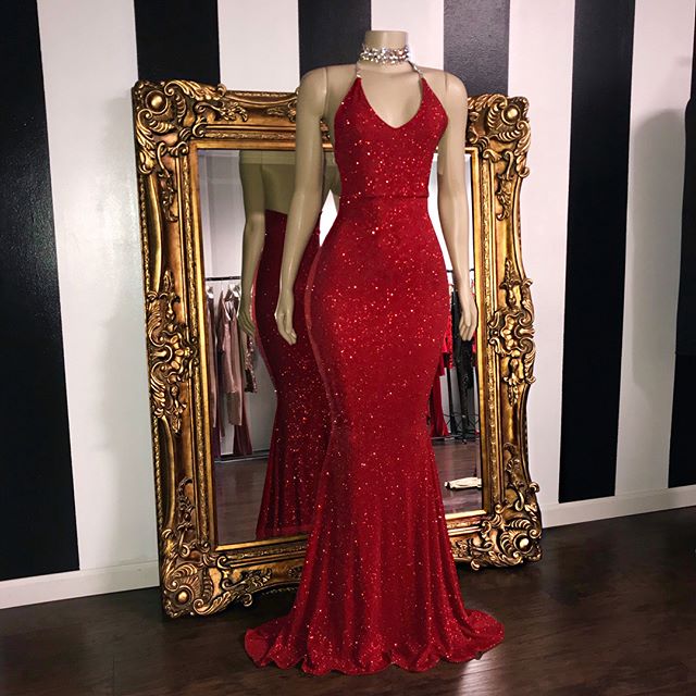 Sexy Sequins Sleeveless Mermaid Prom Dresses Glitter Halter Red Evening Gowns misshow