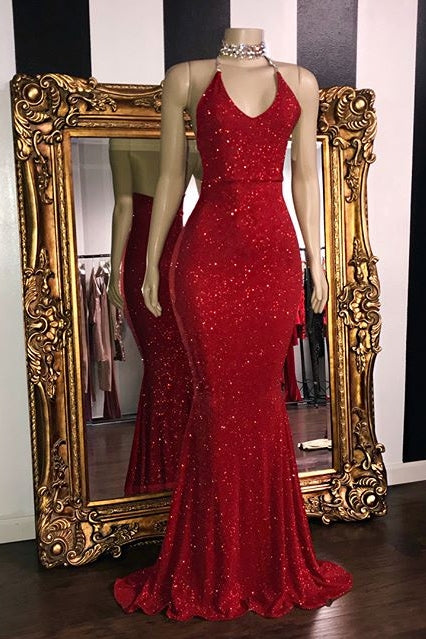 Sexy Sequins Sleeveless Mermaid Prom Dresses | Glitter Halter Red Evening Gowns-misshow.com
