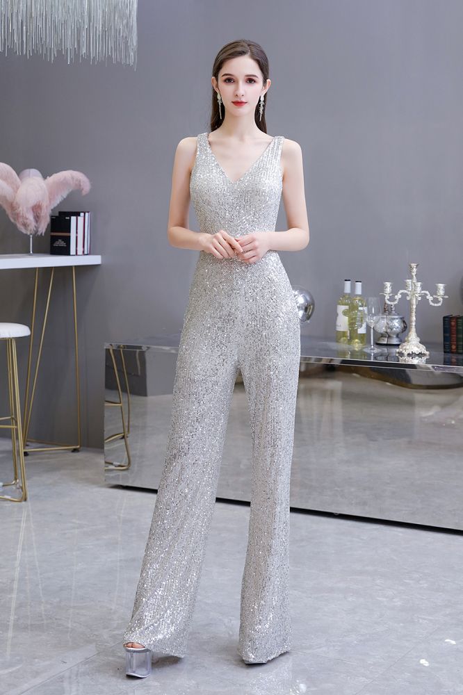 MISSHOW offers Sexy Shining V-neck Silver Sequin Sleeveless Prom Jumpsuit at a good price from Black,Silver,Sequined to  Floor-length them. Stunning yet affordable Sleeveless Prom Dresses,Evening Dresses,Homecoming Dresses,Quinceanera dresses.