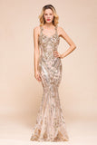 Sexy Sleeveless Mermaid Prom Gown Sparkly Gold Pattern Floor Length Straps Evening Dress