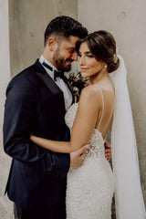 Sexy Spaghetti Strap Sleeveless Mermaid Lace Wedding Dresses with Chapel Train-misshow.com