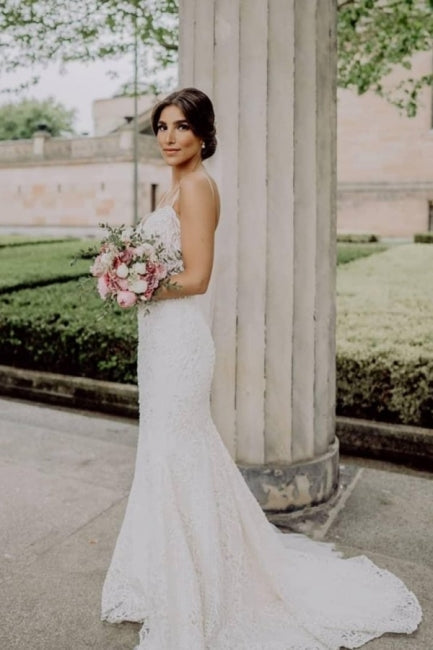 Sexy Spaghetti Strap Sleeveless Mermaid Lace Wedding Dresses with Chapel Train-misshow.com