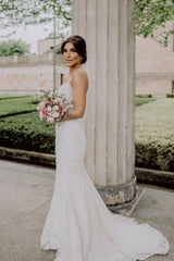 Sexy Spaghetti Strap Sleeveless Mermaid Lace Wedding Dresses with Chapel Train-misshow.com