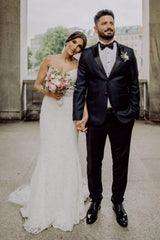 Sexy Spaghetti Strap Sleeveless Mermaid Lace Wedding Dresses with Chapel Train-misshow.com