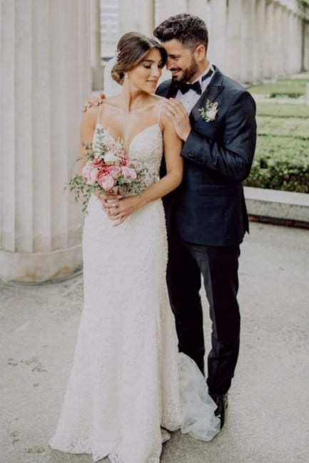 Sexy Spaghetti Strap Sleeveless Mermaid Lace Wedding Dresses with Chapel Train-misshow.com